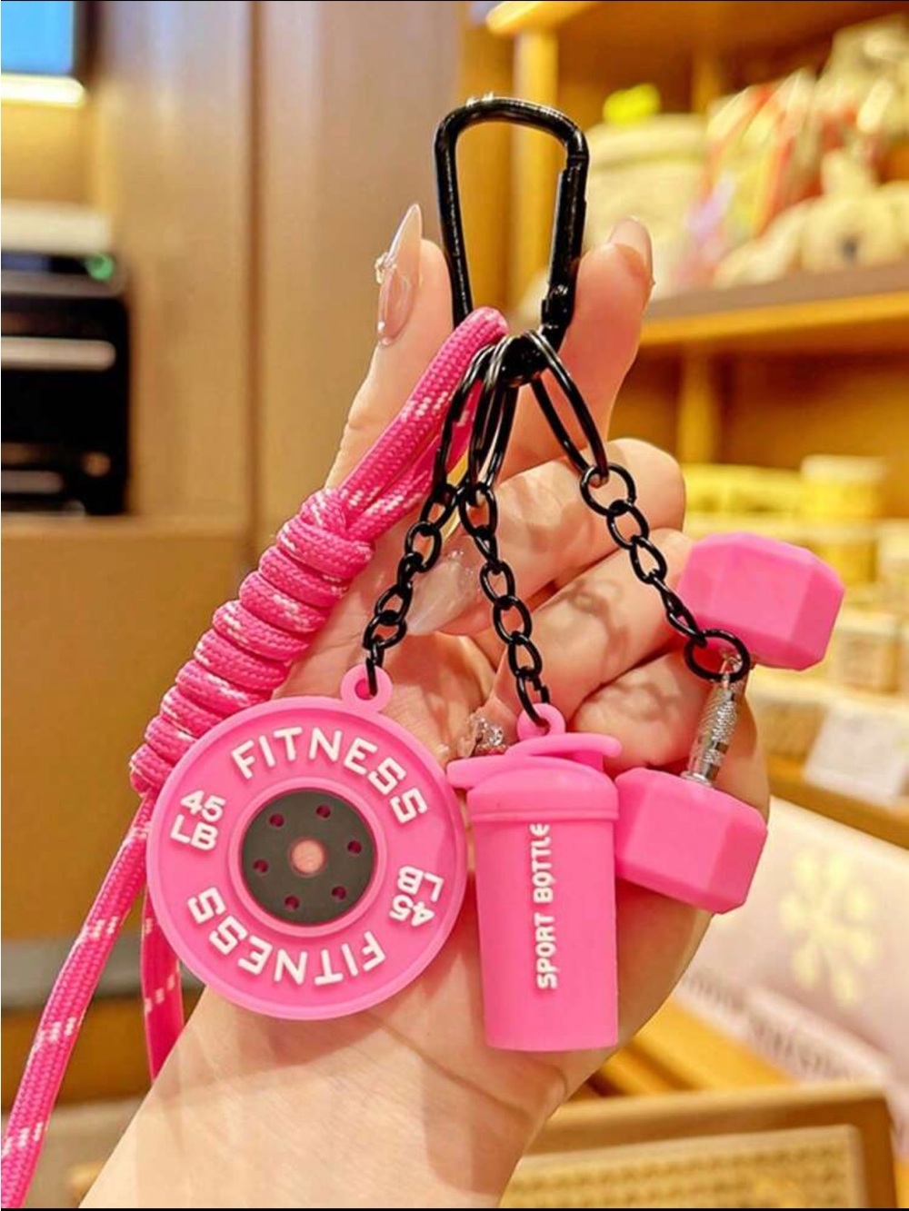 Pink Fitness Keychain Set - Weight Plate, Dumbbell & Shaker Charm